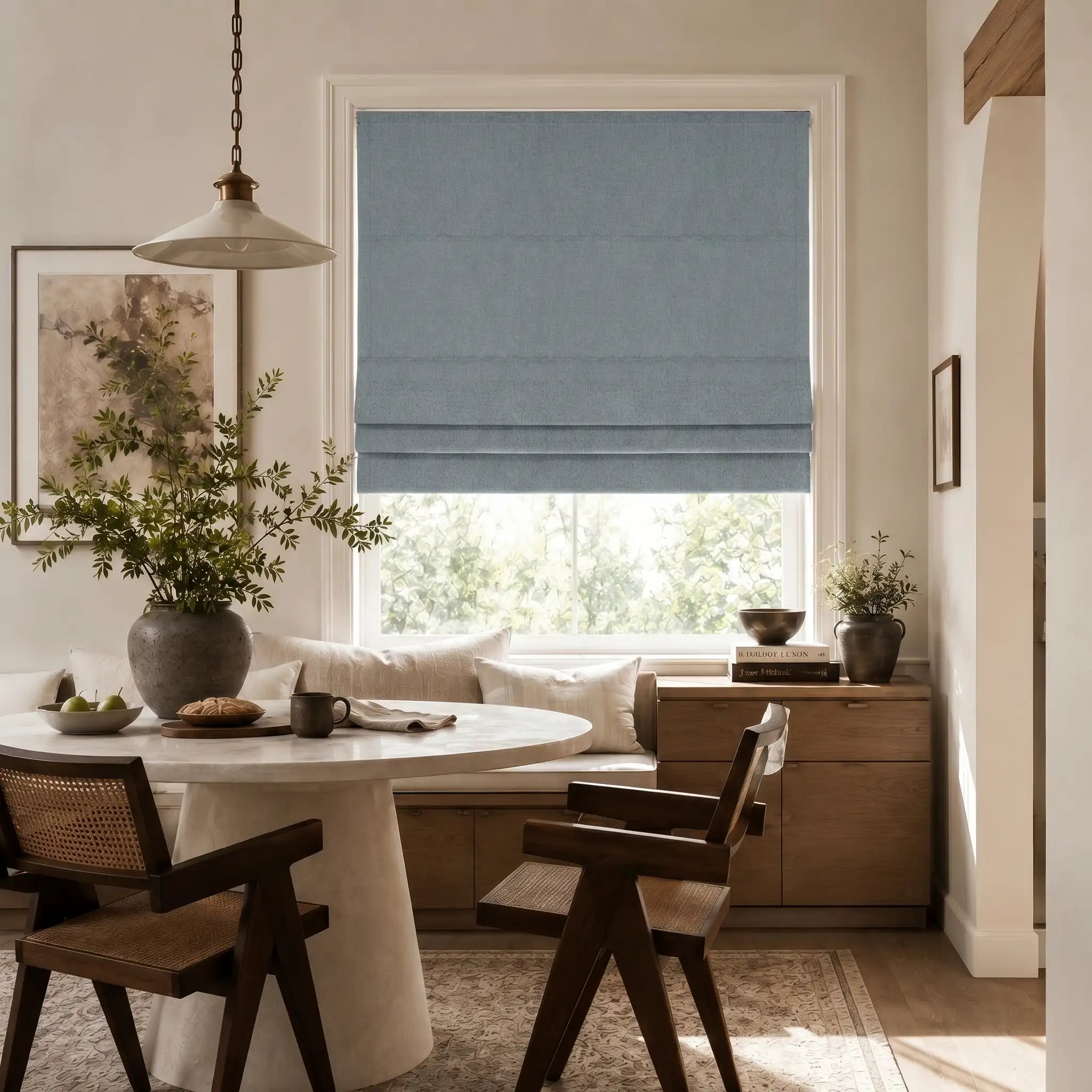 Custom Blackout Roman Shades for Modern Living Room | USdrapery