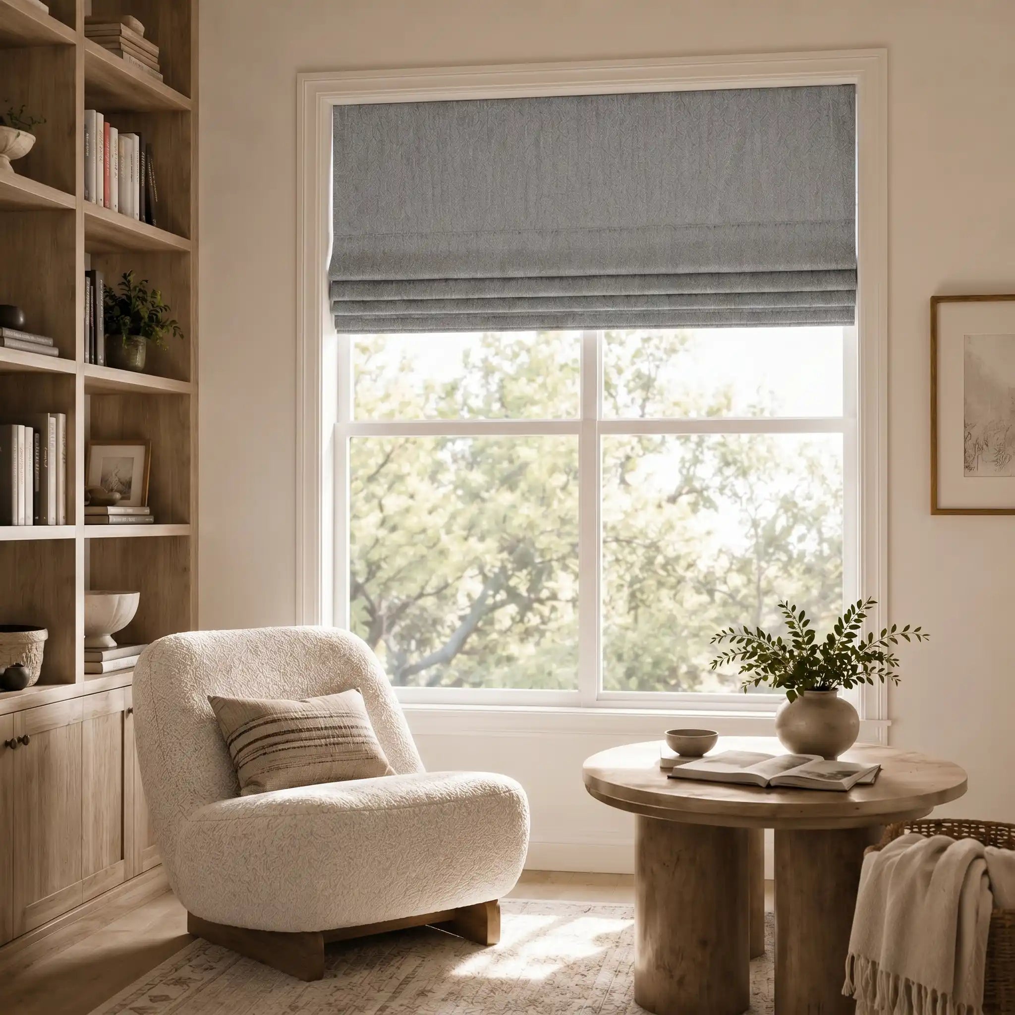 Custom Blackout Roman Shades for Modern Living Room | USdrapery