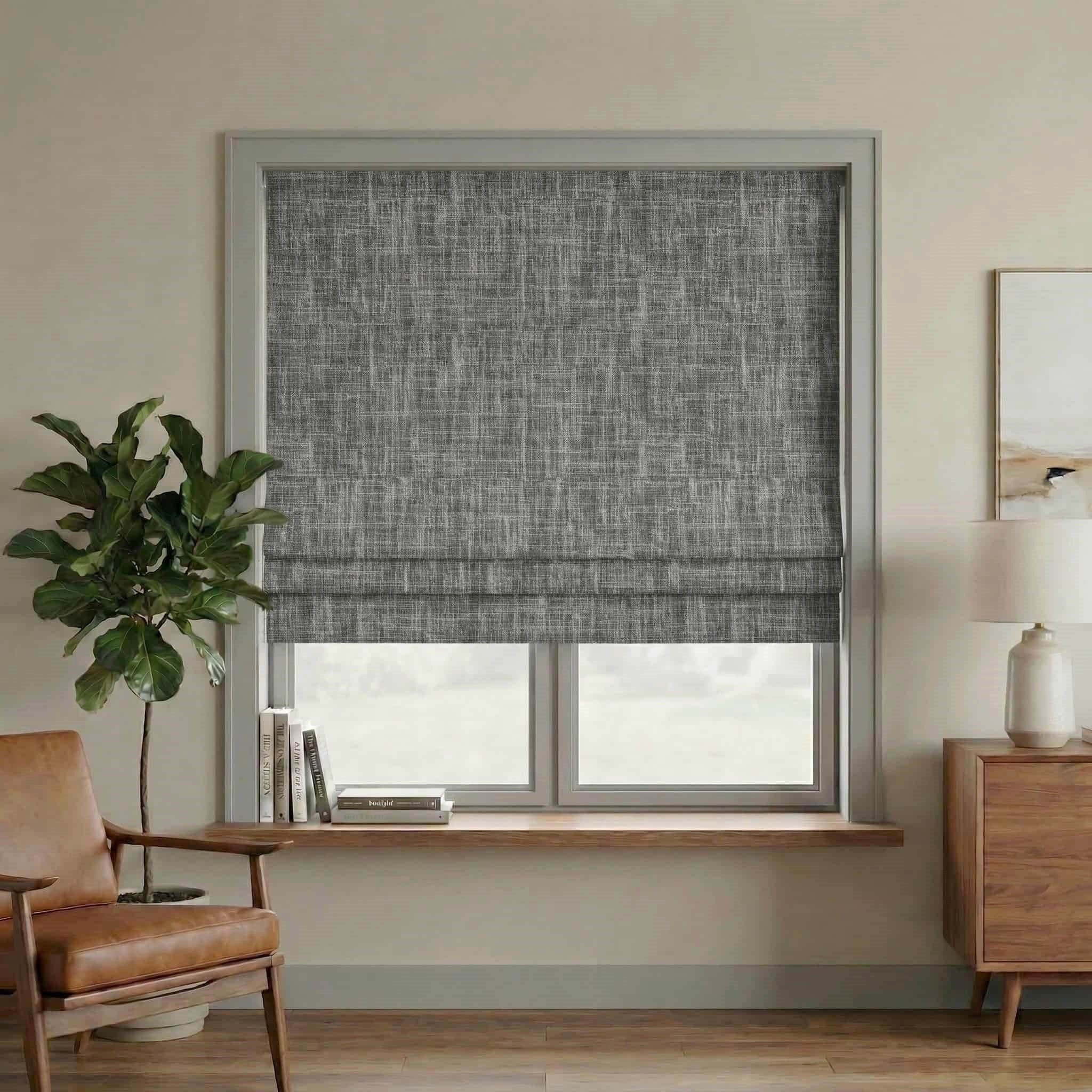 Custom Linen 100% Blackout Roman with Bamboo Texture | USdrapery