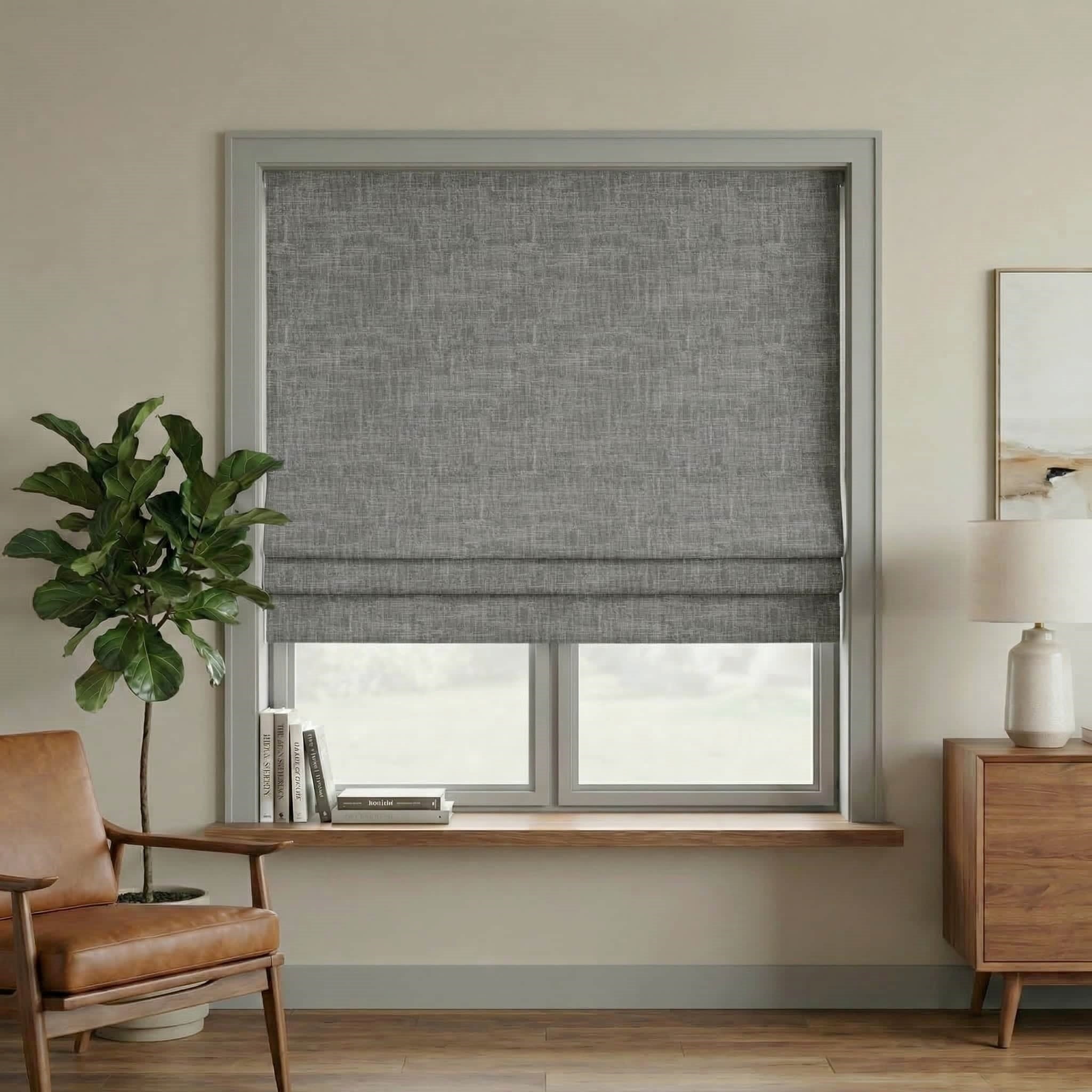 Custom Linen 100% Blackout Roman with Bamboo Texture | USdrapery