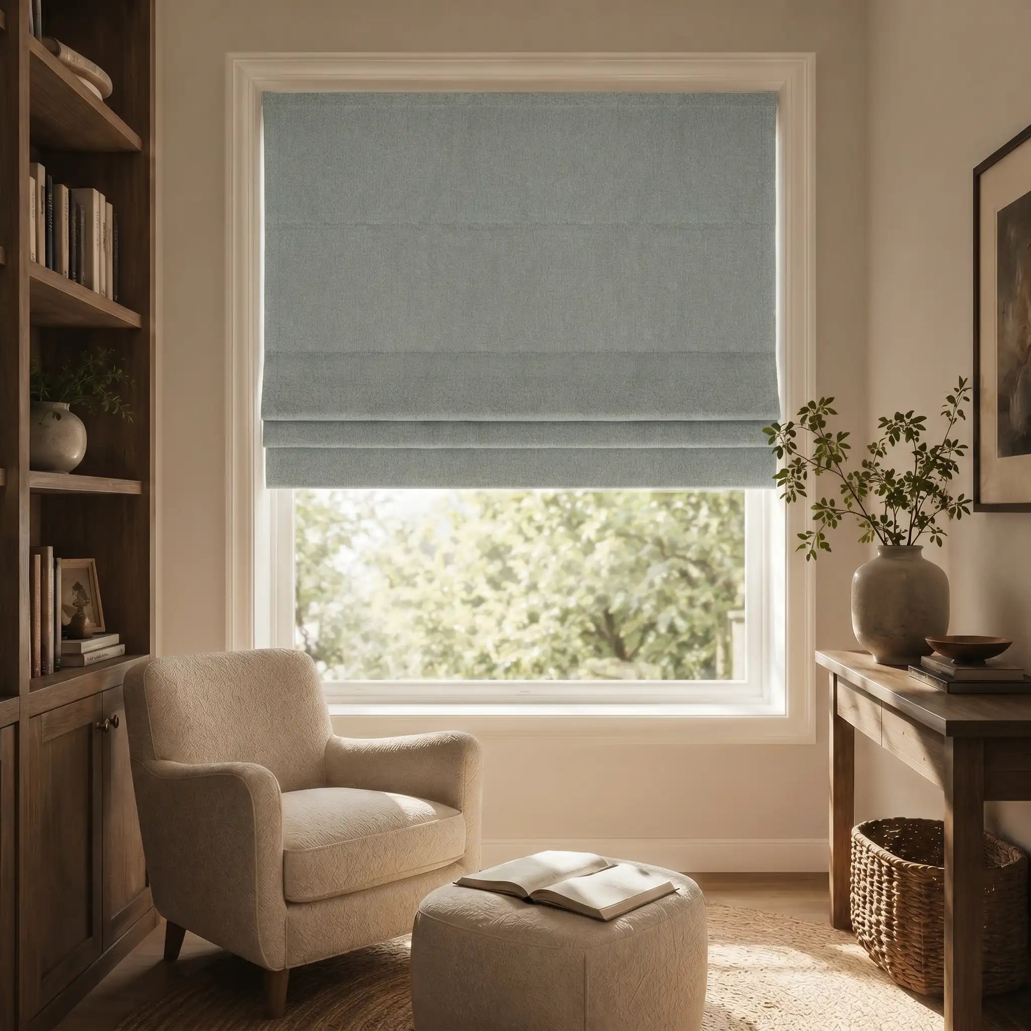 Custom Blackout Roman Shades for Modern Living Room | USdrapery