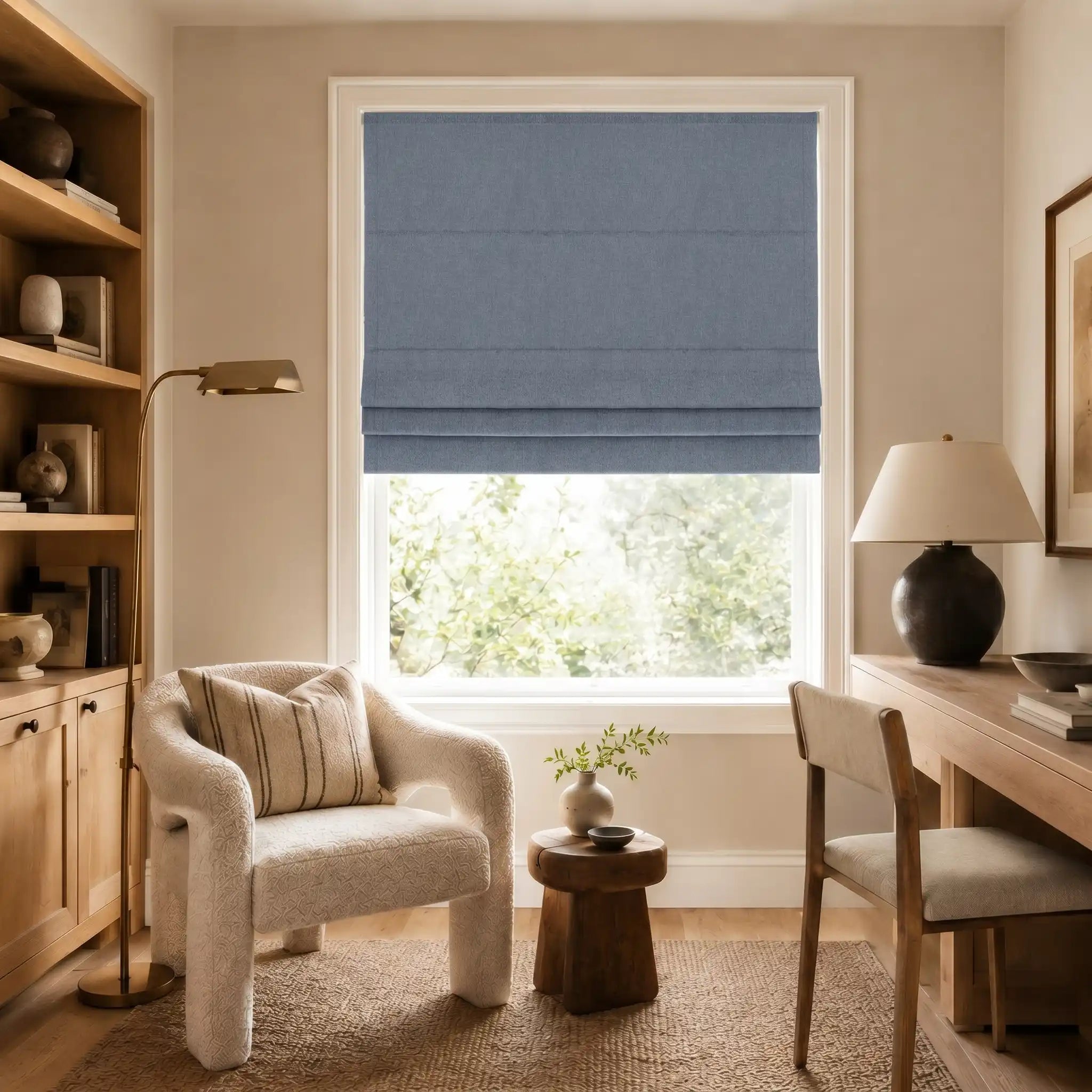 Custom Blackout Roman Shades for Modern Living Room | USdrapery