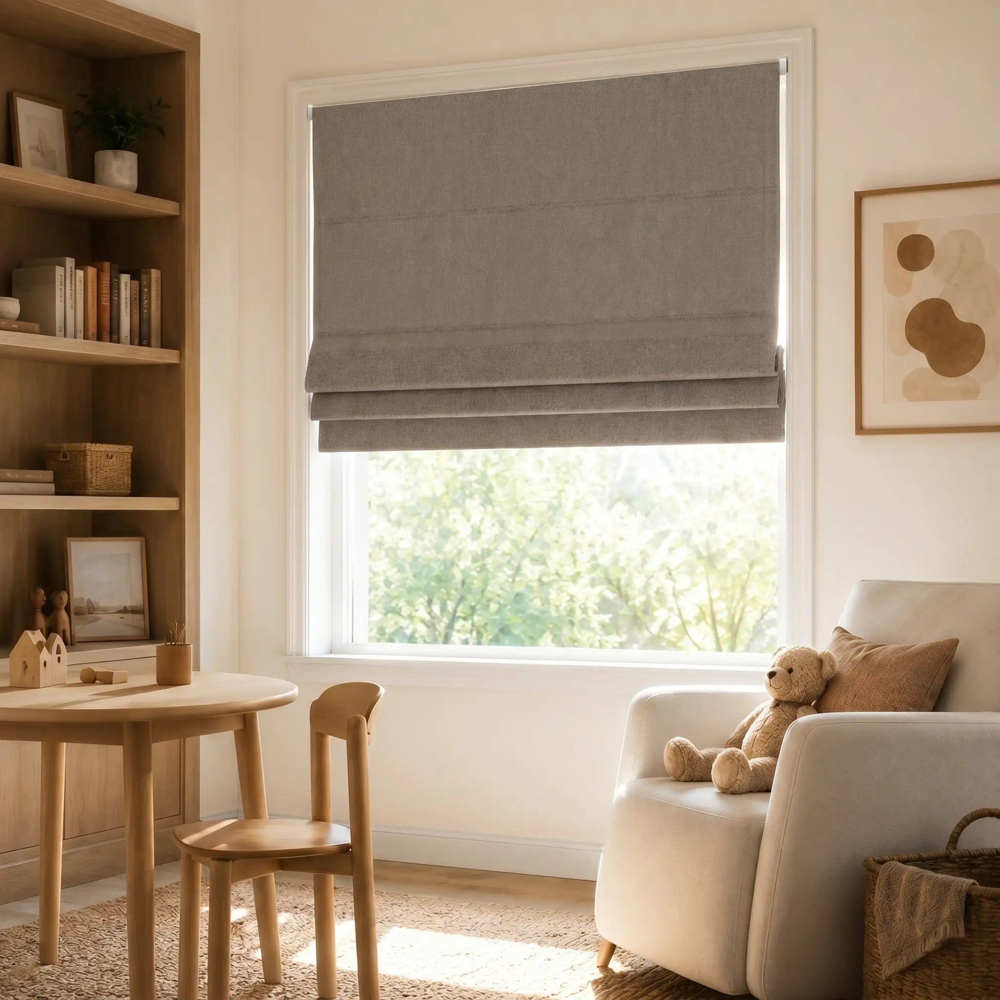 Custom Blackout Roman Shades for Modern Living Room | USdrapery