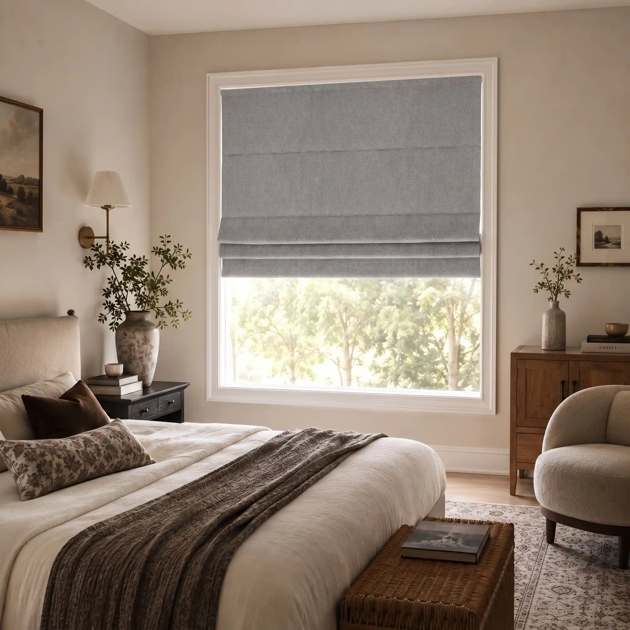 Custom Blackout Roman Shades for Modern Living Room | USdrapery