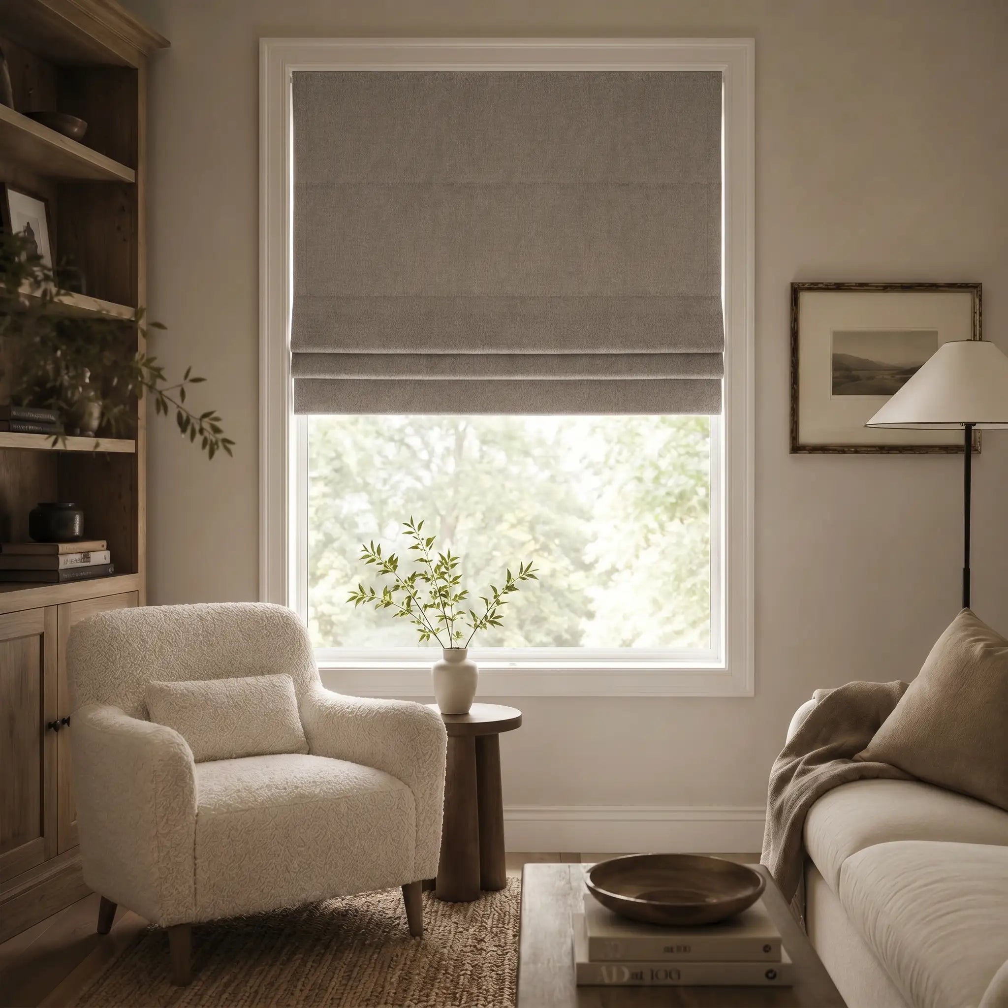 Custom Blackout Roman Shades for Modern Living Room | USdrapery