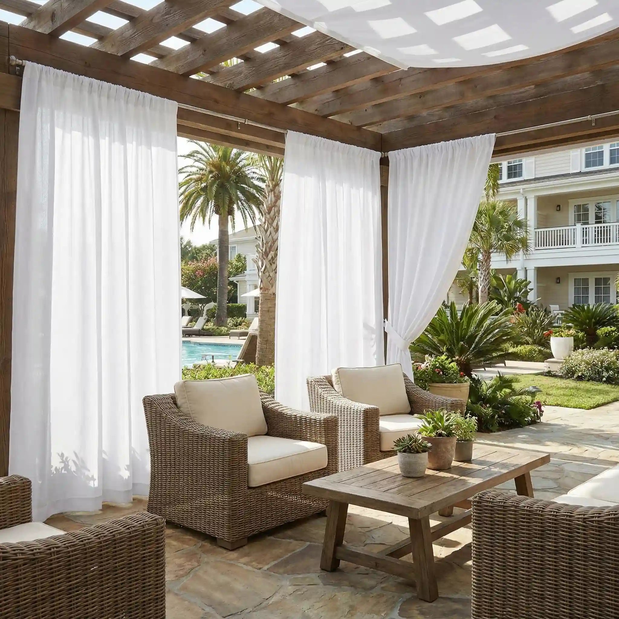 Custom Outdoor Sheer Shades – Weather Resistant Privacy Screens for Patios and Pergolas | USdrapery