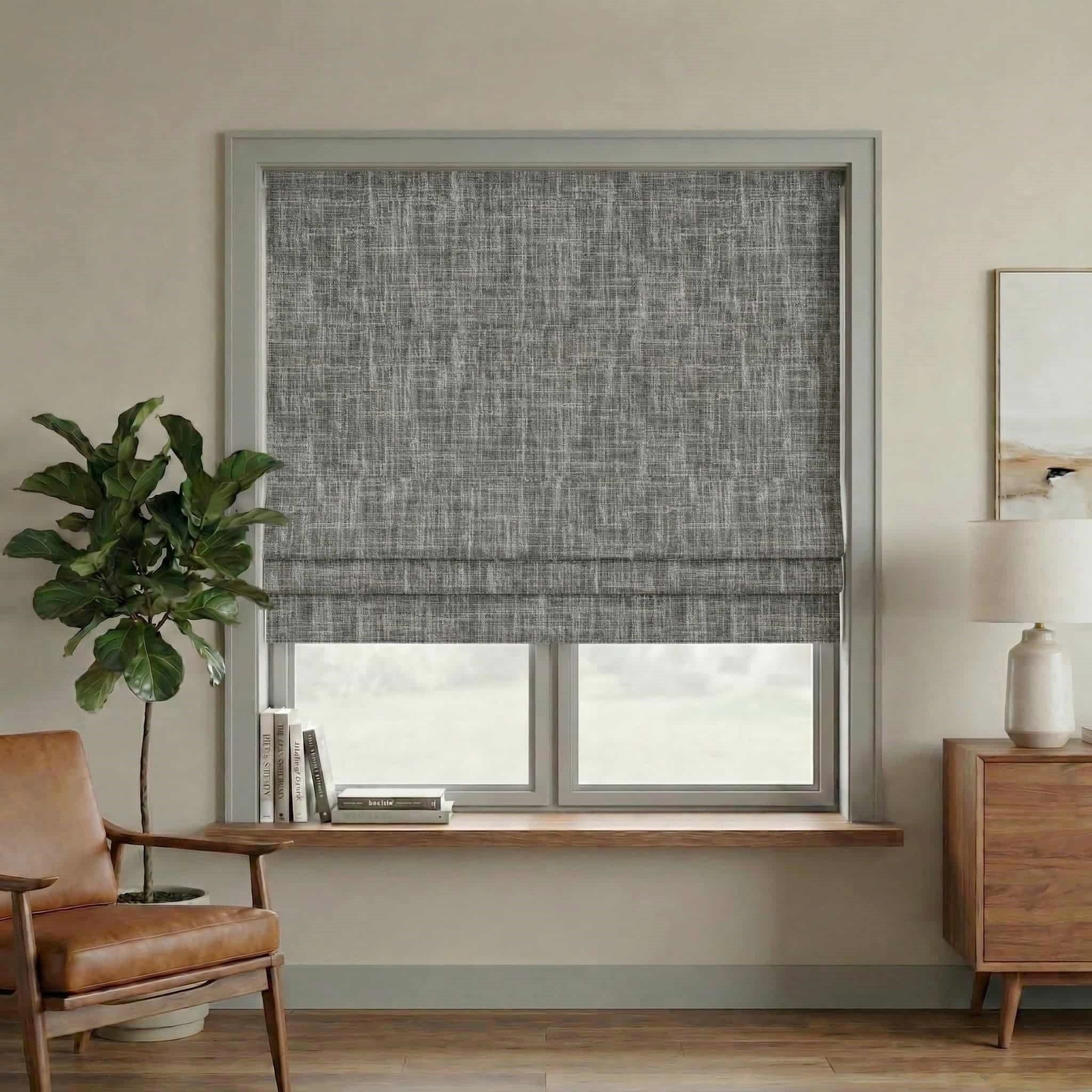 Custom Linen 100% Blackout Roman with Bamboo Texture | USdrapery