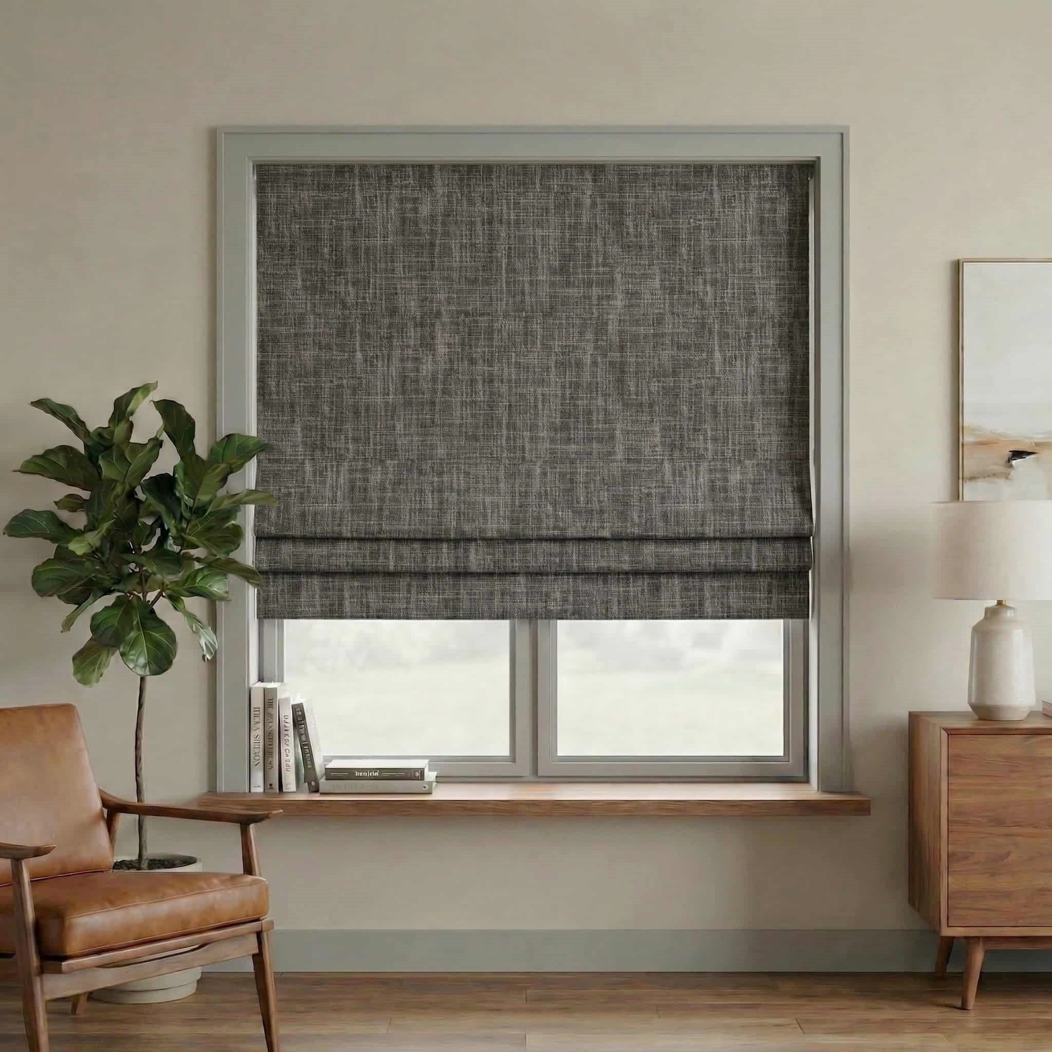 Custom Linen 100% Blackout Roman with Bamboo Texture | USdrapery